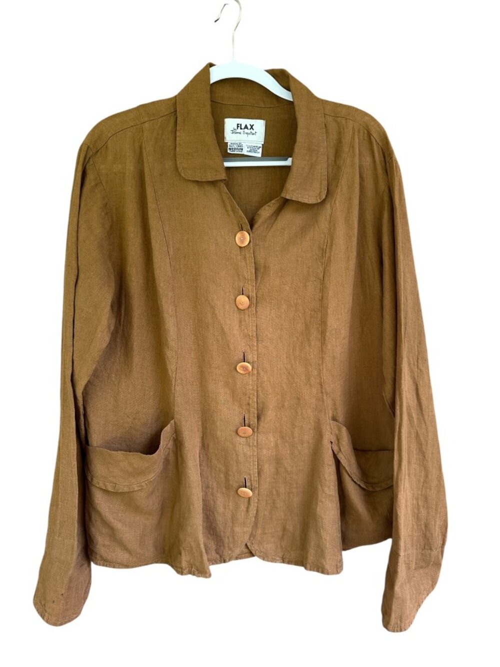Vintage FLAX Jeanne Engelhart Linen Jacket M Brown Ochre Peplum Lagenlook